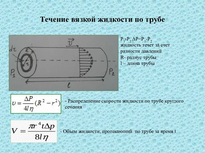Течение вязкой жидкости по трубе об P1›P2 ΔP=P1-P2 жидкость течет за