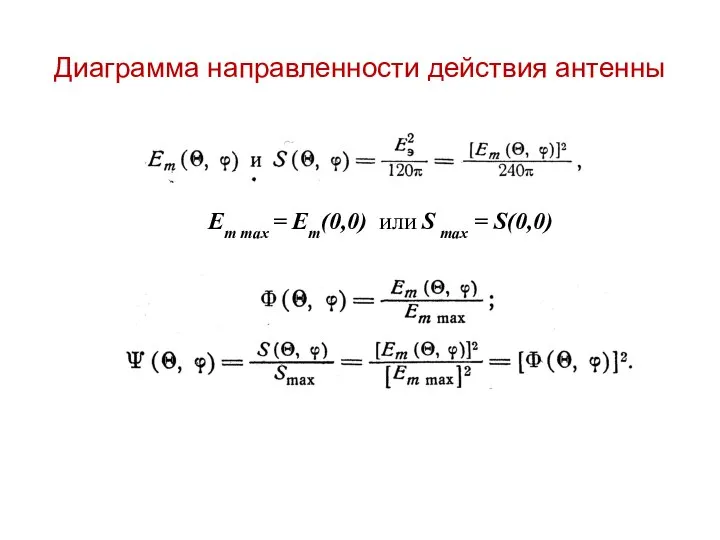 Диаграмма направленности действия антенны Em max = Em(0,0) или S max = S(0,0)