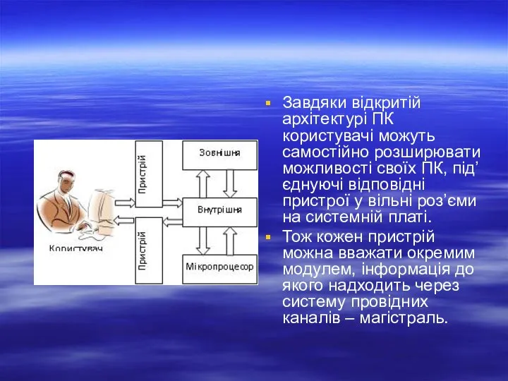 Завдяки відкритій архітектурі ПК користувачі можуть самостійно розширювати можливості своїх ПК,