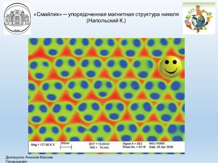 «Смайлик» ─ упорядоченная магнитная структура никеля (Напольский К.) Докладчик: Аньчков Максим Геннадьевич