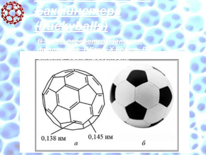 Фуллерены (шары Бакминстера (buckyballs) В 1996г. первооткрывателям фуллеренов Р.Керл, Х.Крото, Р.Смолли