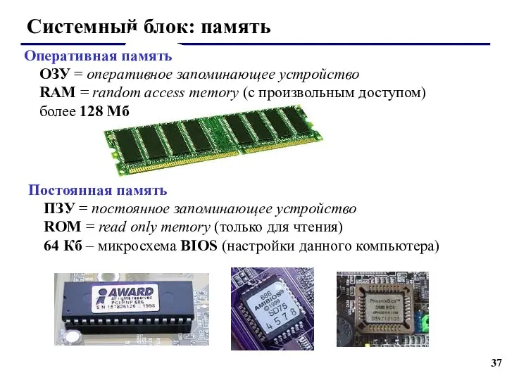 Системный блок: память Оперативная память ОЗУ = оперативное запоминающее устройство RAM
