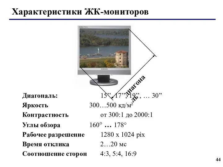 Характеристики ЖК-мониторов Диагональ: 15’’, 17’’, 19’’, … 30’’ Яркость 300…500 кд/м²