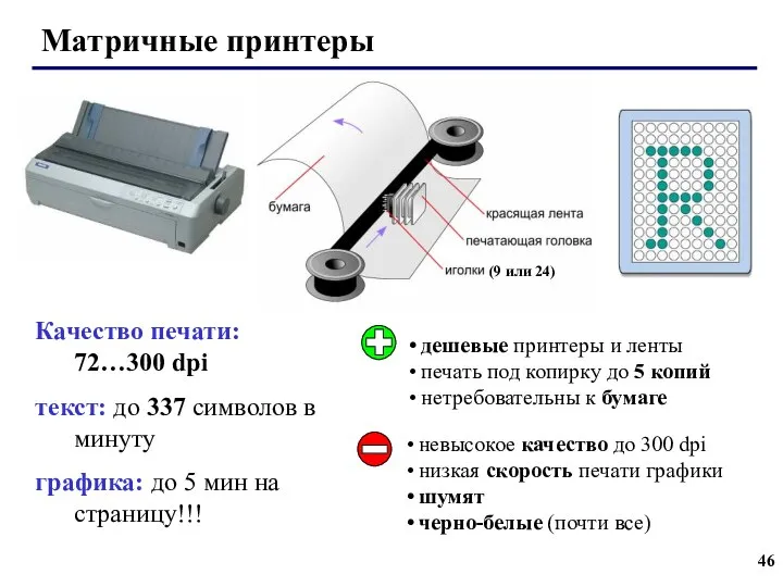 Качество печати: 72…300 dpi текст: до 337 символов в минуту графика: