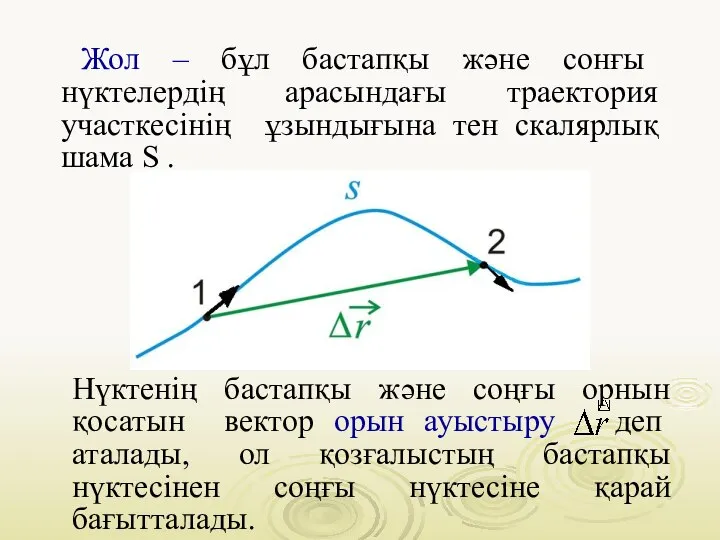 Жол – бұл бастапқы және сонғы нүктелердің арасындағы траектория участкесінің ұзындығына