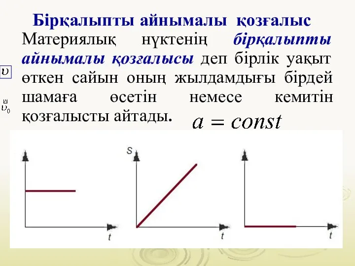 Бірқалыпты айнымалы қозғалыс Материялық нүктенің бірқалыпты айнымалы қозғалысы деп бірлік уақыт