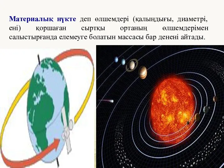 Материалық нүкте деп өлшемдері (қалыңдығы, диаметрі, ені) қоршаған сыртқы ортаның өлшемдерімен