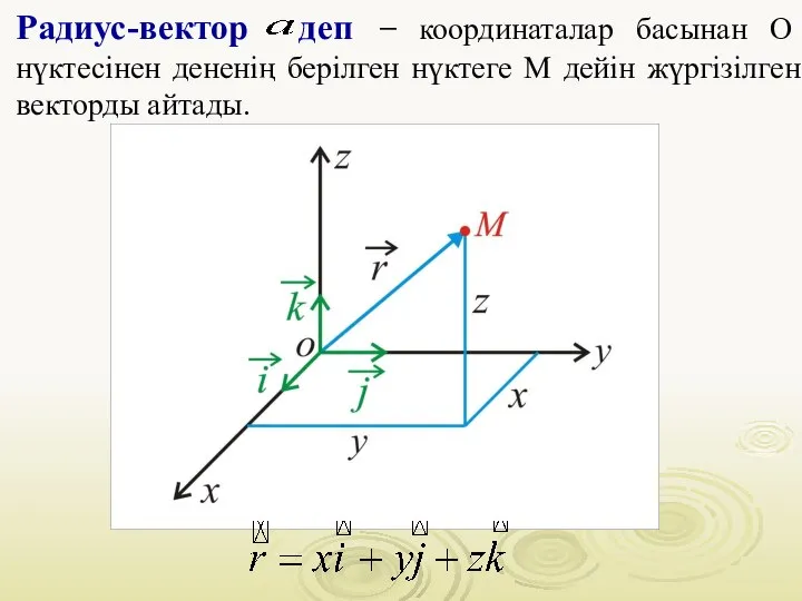 Радиус-вектор деп − координаталар басынан О нүктесінен дененің берілген нүктеге М дейін жүргізілген векторды айтады.