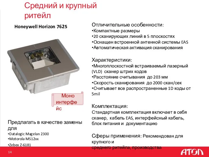 Honeywell Horizon 7625 Отличительные особенности: •Компактные размеры •20 сканирующих линий в