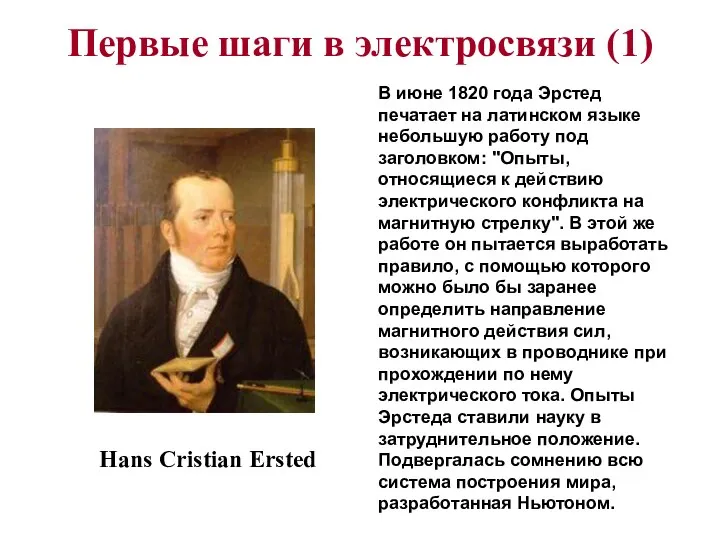 Первые шаги в электросвязи (1) Hans Cristian Ersted В июне 1820
