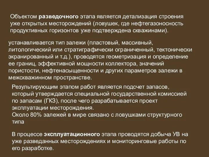 Объектом разведочного этапа является детализация строения уже открытых месторождений (ловушек, где