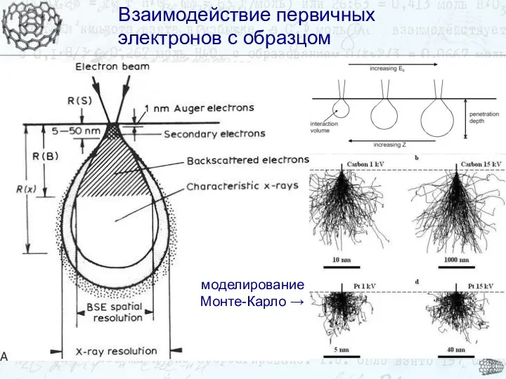 Взаимодействие первичных электронов с образцом Взаимодействие первичных электронов с образцом моделирование Монте-Карло →