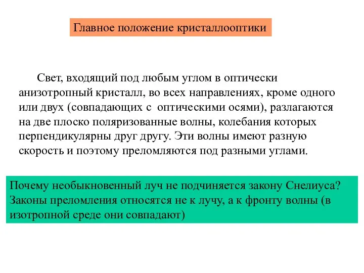 Главное положение кристаллооптики Свет, входящий под любым углом в оптически анизотропный