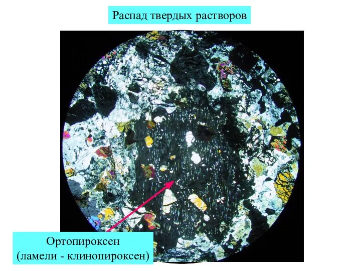 Распад твердых растворов Ортопироксен (ламели - клинопироксен)