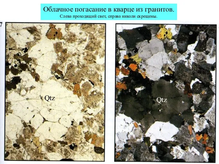 Облачное погасание в кварце из гранитов. Слева проходящий свет, справа николи скрещены. Qtz Qtz