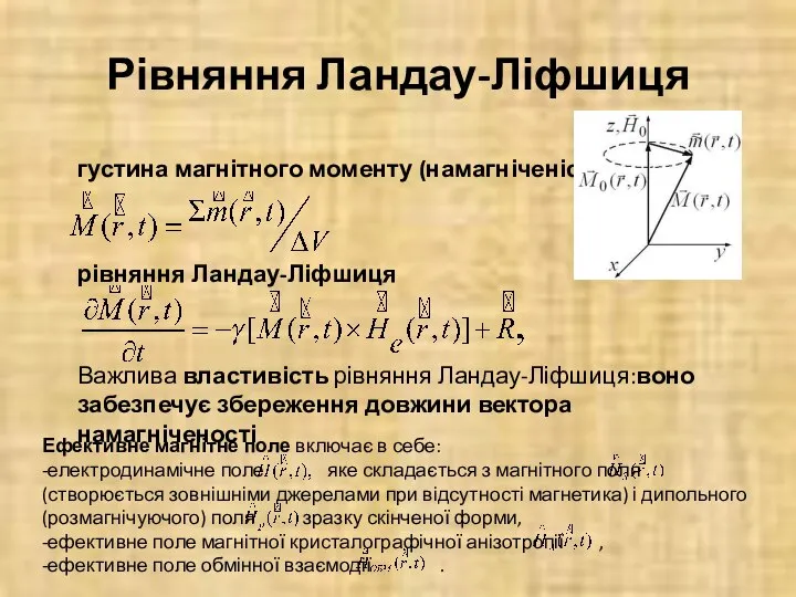 Рівняння Ландау-Ліфшиця густина магнітного моменту (намагніченість) рівняння Ландау-Ліфшиця Важлива властивість рівняння