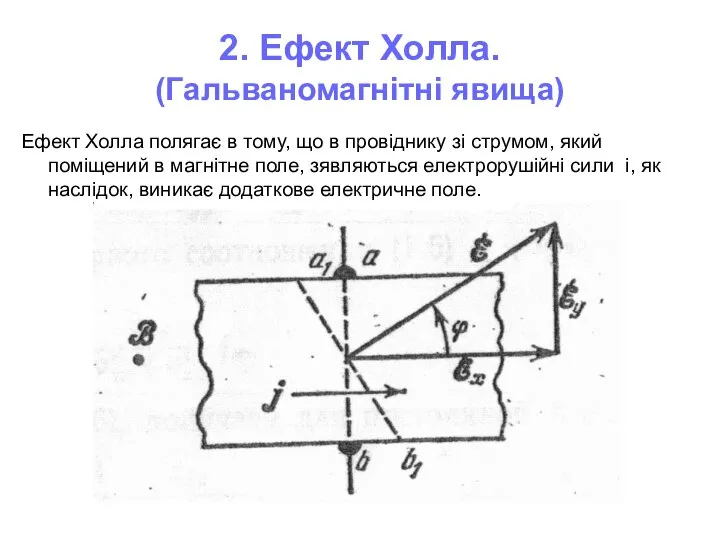 2. Ефект Холла. (Гальваномагнітні явища) Ефект Холла полягає в тому, що