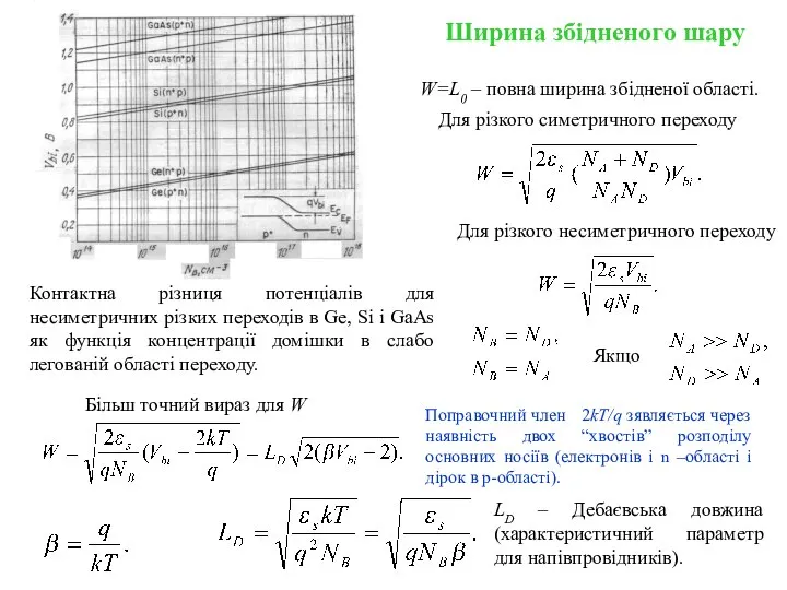 W=L0 – повна ширина збідненої області. Для різкого симетричного переходу Для