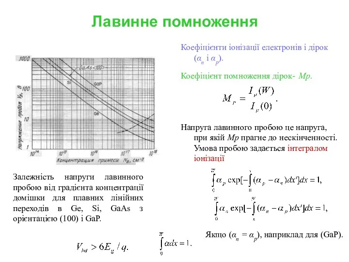 Лавинне помноження Коефіцієнти іонізації електронів і дірок (αn і αp). Коефіцієнт