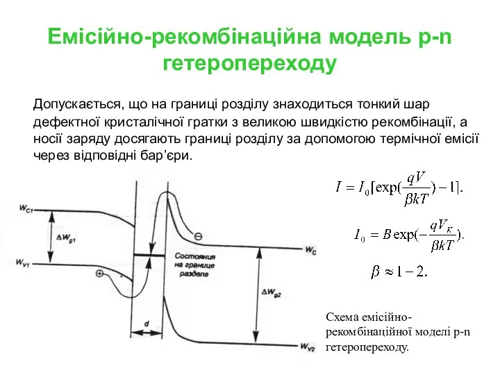 Емісійно-рекомбінаційна модель p-n гетеропереходу Допускається, що на границі розділу знаходиться тонкий