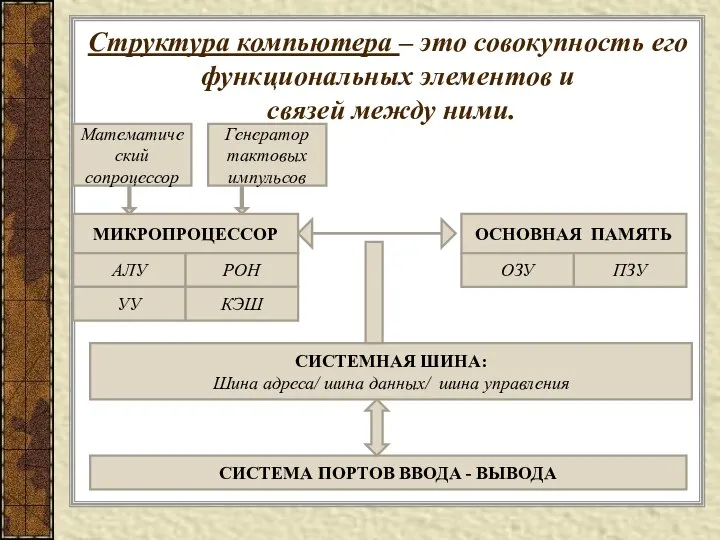 Структура компьютера – это совокупность его функциональных элементов и связей между