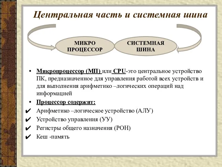 Центральная часть и системная шина Микропроцессор (МП) или CPU-это центральное устройство