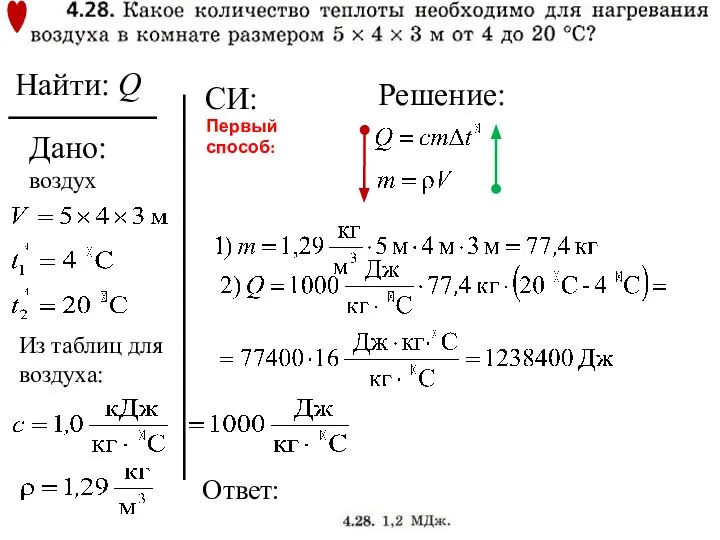 Дано: Решение: Найти: Q Ответ: воздух Из таблиц для воздуха: CИ: Первый способ: