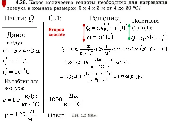 Дано: Решение: Найти: Q Ответ: воздух Из таблиц для воздуха: CИ: