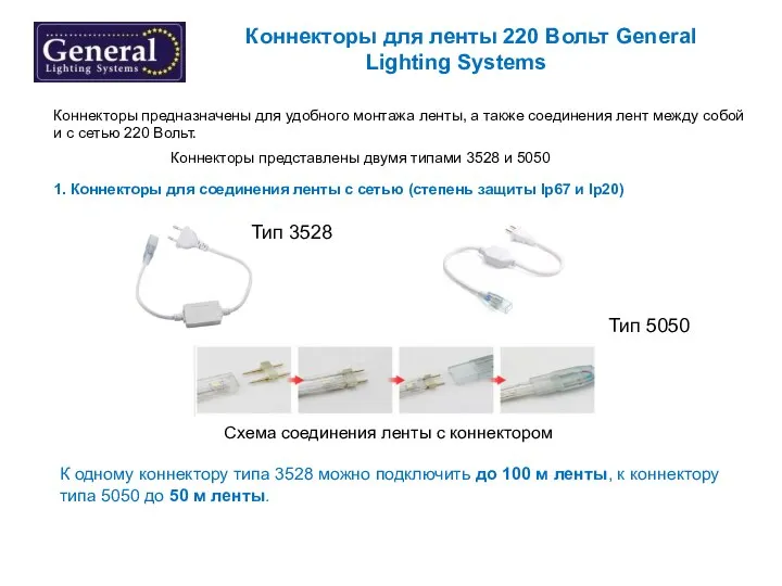 Коннекторы для ленты 220 Вольт General Lighting Systems Коннекторы предназначены для