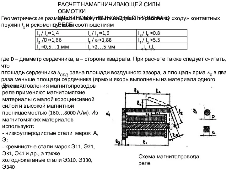 РАСЧЕТ НАМАГНИЧИВАЮЩЕЙ СИЛЫ ОБМОТКИ ЭЛЕКТРОМАГНИТНОГО НЕЙТРАЛЬНОГО РЕЛЕ Геометрические размеры реле могут