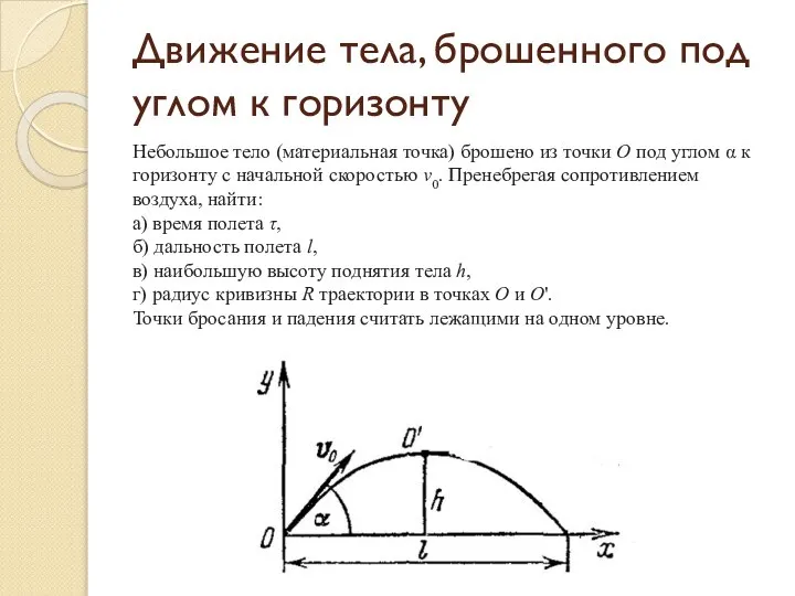 Движение тела, брошенного под углом к горизонту Небольшое тело (материальная точка)