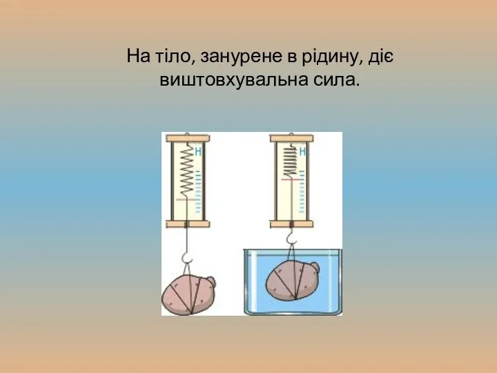 На тіло, занурене в рідину, діє виштовхувальна сила.