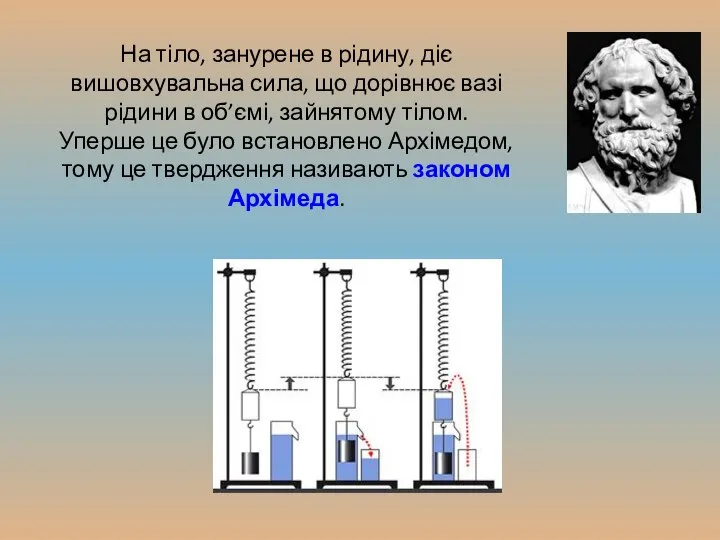 На тіло, занурене в рідину, діє вишовхувальна сила, що дорівнює вазі