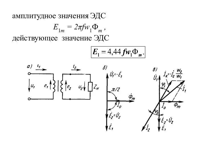 амплитудное значения ЭДС E1m = 2πfw1Фm , действующее значение ЭДС