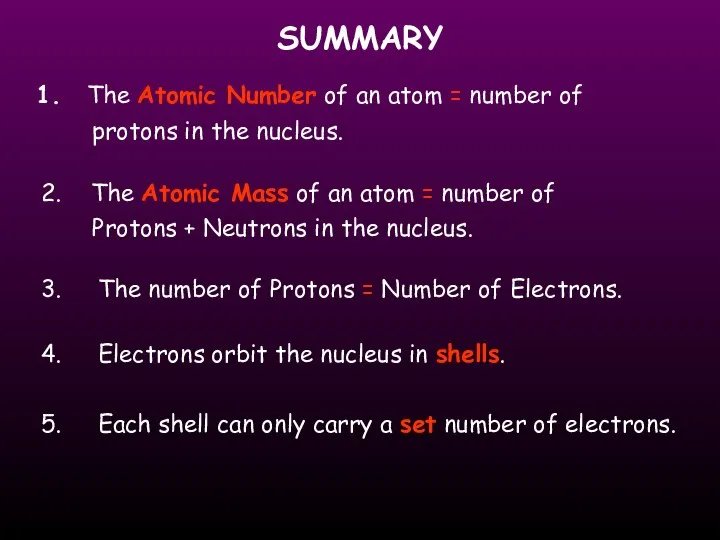 SUMMARY The Atomic Number of an atom = number of protons