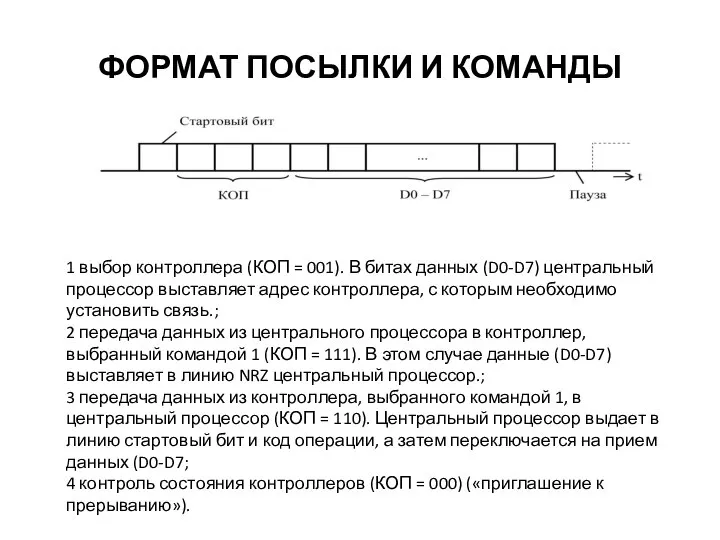 ФОРМАТ ПОСЫЛКИ И КОМАНДЫ 1 выбор контроллера (КОП = 001). В