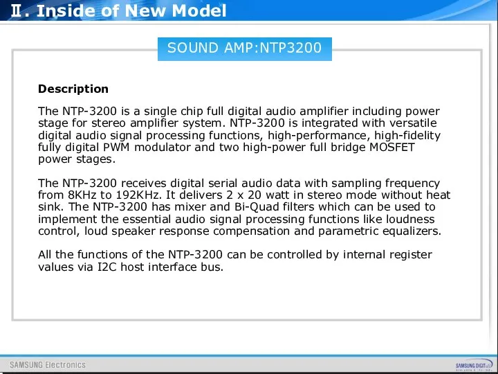 SOUND AMP:NTP3200 Description The NTP-3200 is a single chip full digital