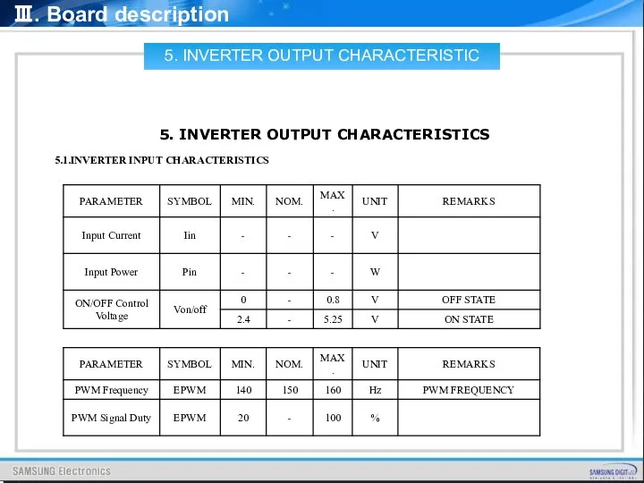 Ⅲ. Board description 5.1.INVERTER INPUT CHARACTERISTICS 5. INVERTER OUTPUT CHARACTERISTICS 5. INVERTER OUTPUT CHARACTERISTIC