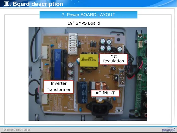 7. Power BOARD LAYOUT 19” SMPS Board AC INPUT DC Regulation Inverter Transformer Ⅲ. Board description