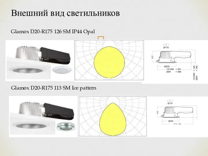 Внешний вид светильников Glamox D20-R175 126 SM IP44 Opal Glamox D20-R175 113 SM Ice pattern