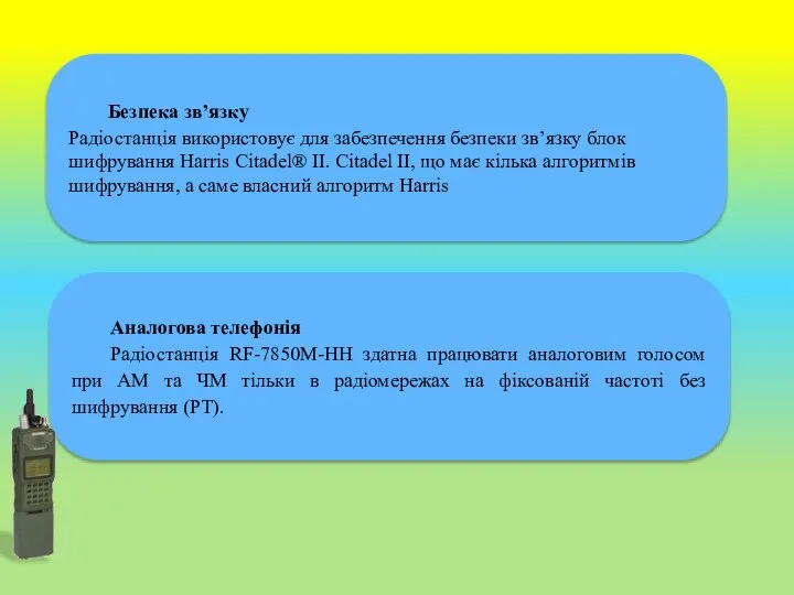 Безпека зв’язку Радіостанція використовує для забезпечення безпеки зв’язку блок шифрування Harris