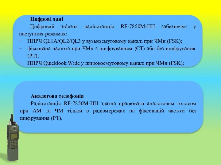 Цифрові дані Цифровий зв’язок радіостанція RF-7850M-HH забезпечує у наступних режимах: ППРЧ