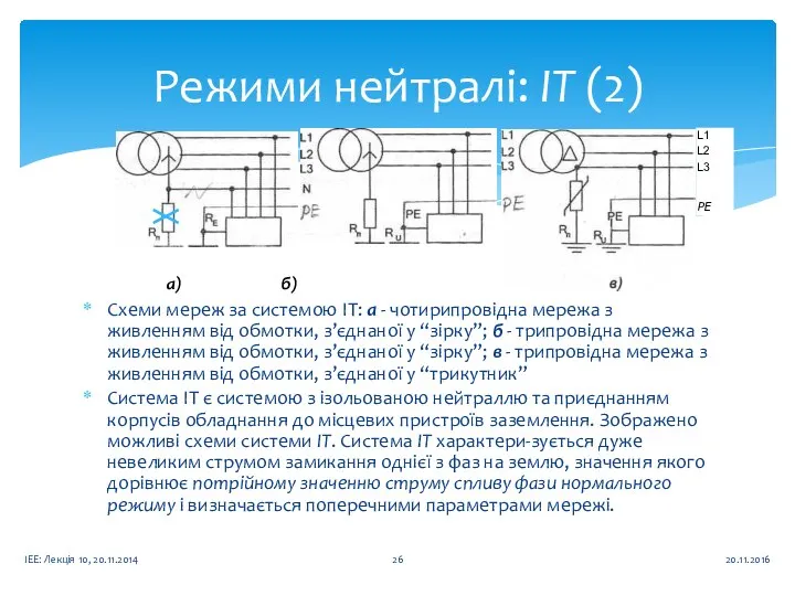 Режими нейтралі: IT (2) 20.11.2016 ІЕЕ: Лекція 10, 20.11.2014 а) б)