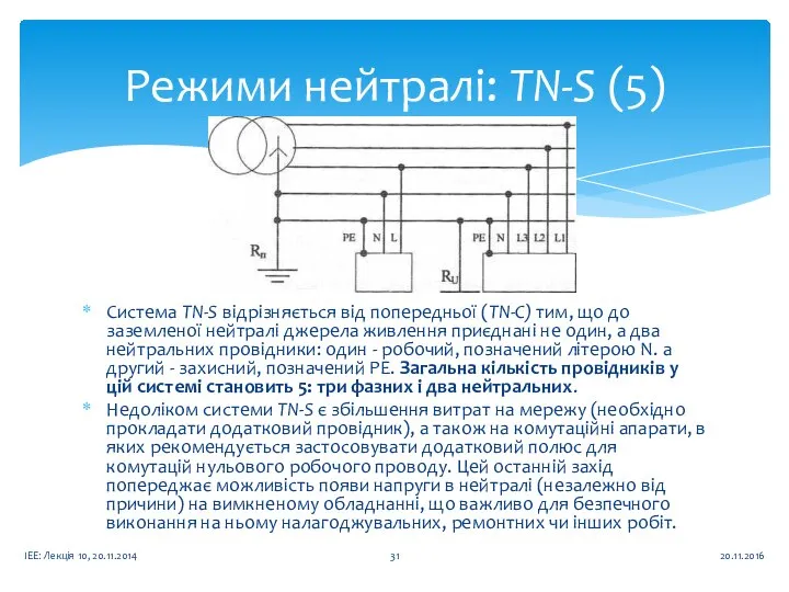 Режими нейтралі: TN-S (5) 20.11.2016 ІЕЕ: Лекція 10, 20.11.2014 Система ТN-S