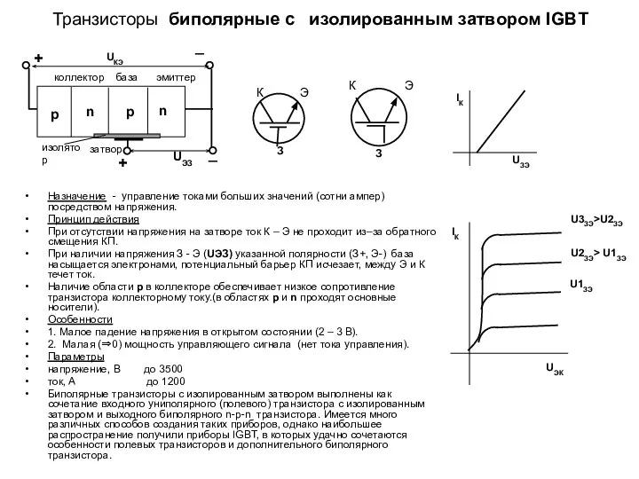 Транзисторы биполярные с изолированным затвором IGBT Назначение - управление токами больших