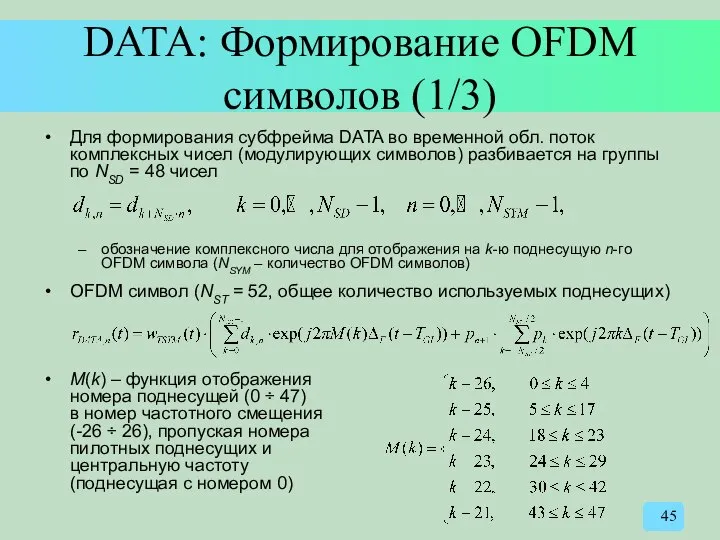 DATA: Формирование OFDM символов (1/3) Для формирования субфрейма DATA во временной