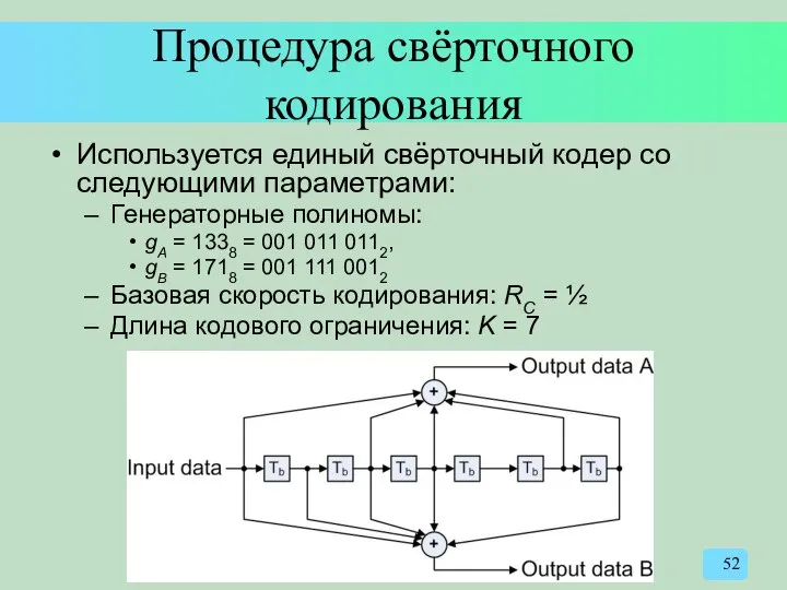 Процедура свёрточного кодирования Используется единый свёрточный кодер со следующими параметрами: Генераторные