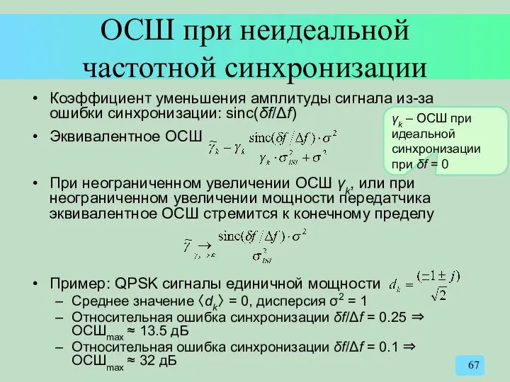 ОСШ при неидеальной частотной синхронизации Коэффициент уменьшения амплитуды сигнала из-за ошибки