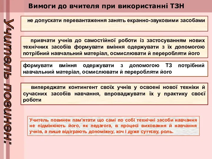 не допускати перевантаження занять екранно-звуковими засобами привчати учнів до самостійної роботи