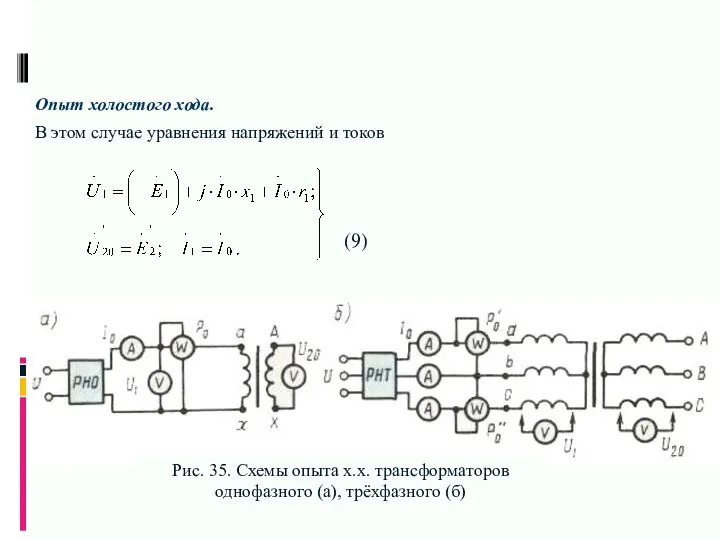 Опыт холостого хода. В этом случае уравнения напряжений и токов